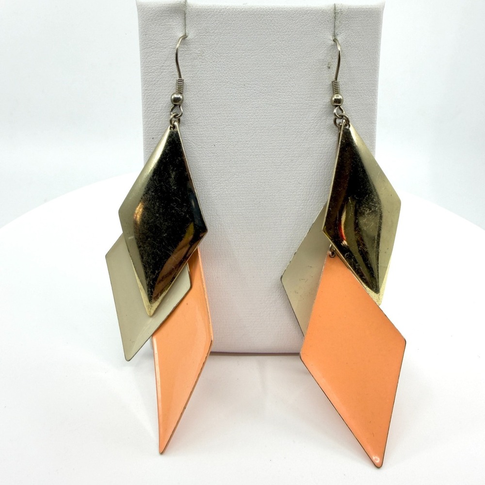 Peach Gold Geometric Multi-Layered Diamond Shape Drop Earrings